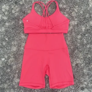 Solid Color Soft Women Gym Yoga Short Cycling Set Cross Back Gym  Bra+High Waist Short Leggings High impact shockproof Sportwear