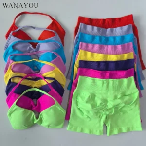 WANAYOU Seamless 2 Pcs Women Yoga Sets Halter Bras Sports Crop Tops Low Waist Scrunch Butt Gym Shorts Tight Quick Dry Leggings